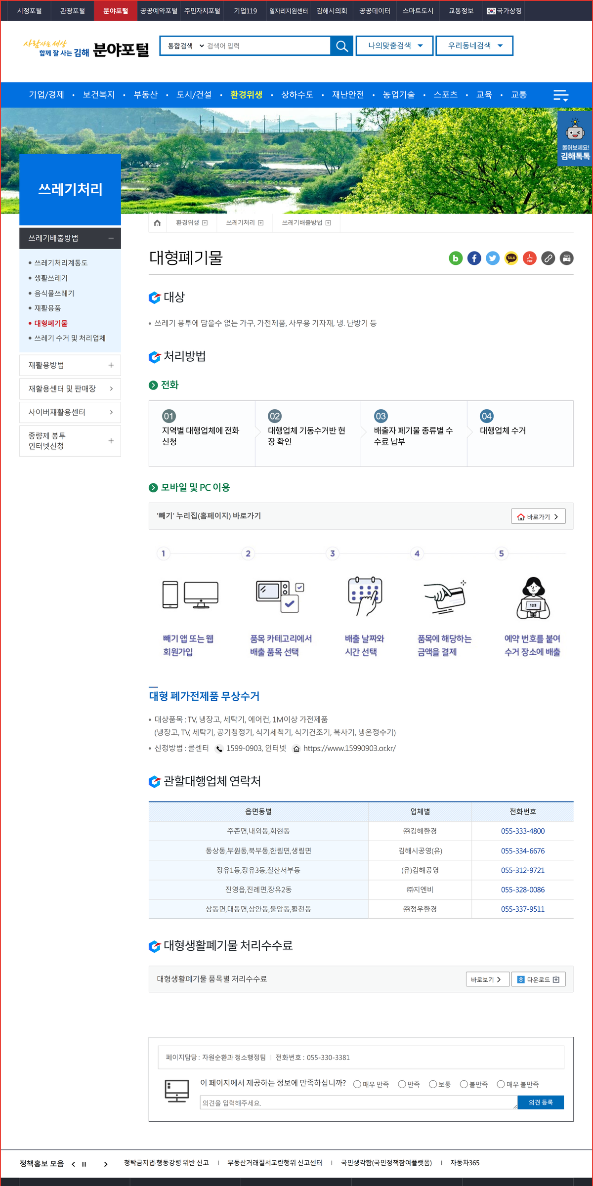 김해시 분야포털 대형폐기물 안내 페이지 — 전화 신청 4단계와 읍면동별 관할 대행업체 연락처가 함께 안내된 화면