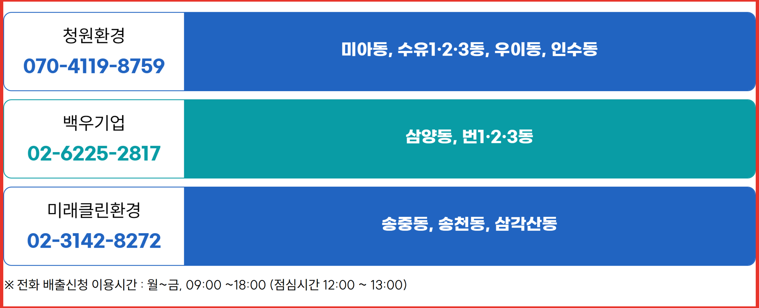 강북구 대형폐기물 청소대행업체 세 곳의 전화번호와 담당 13개 동 안내