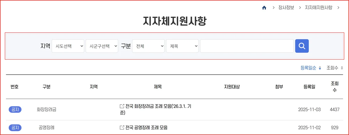 기초수급자 장례비 지원에 더해 화장장려금을 찾는 e하늘 지자체지원사항 조회 화면