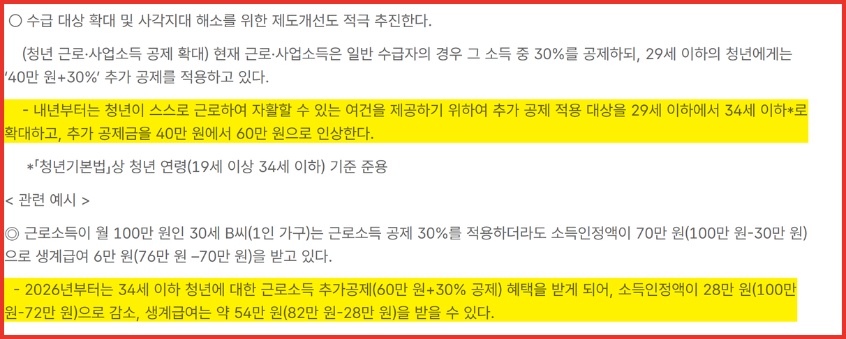 보건복지부 2026년 기준 중위소득 발표 보도자료 중 청년 근로·사업소득 공제 확대 부분 — 추가 공제 대상을 29세 이하에서 34세 이하로, 공제금을 40만원에서 60만원으로 인상한다는 문단에 형광펜 표시