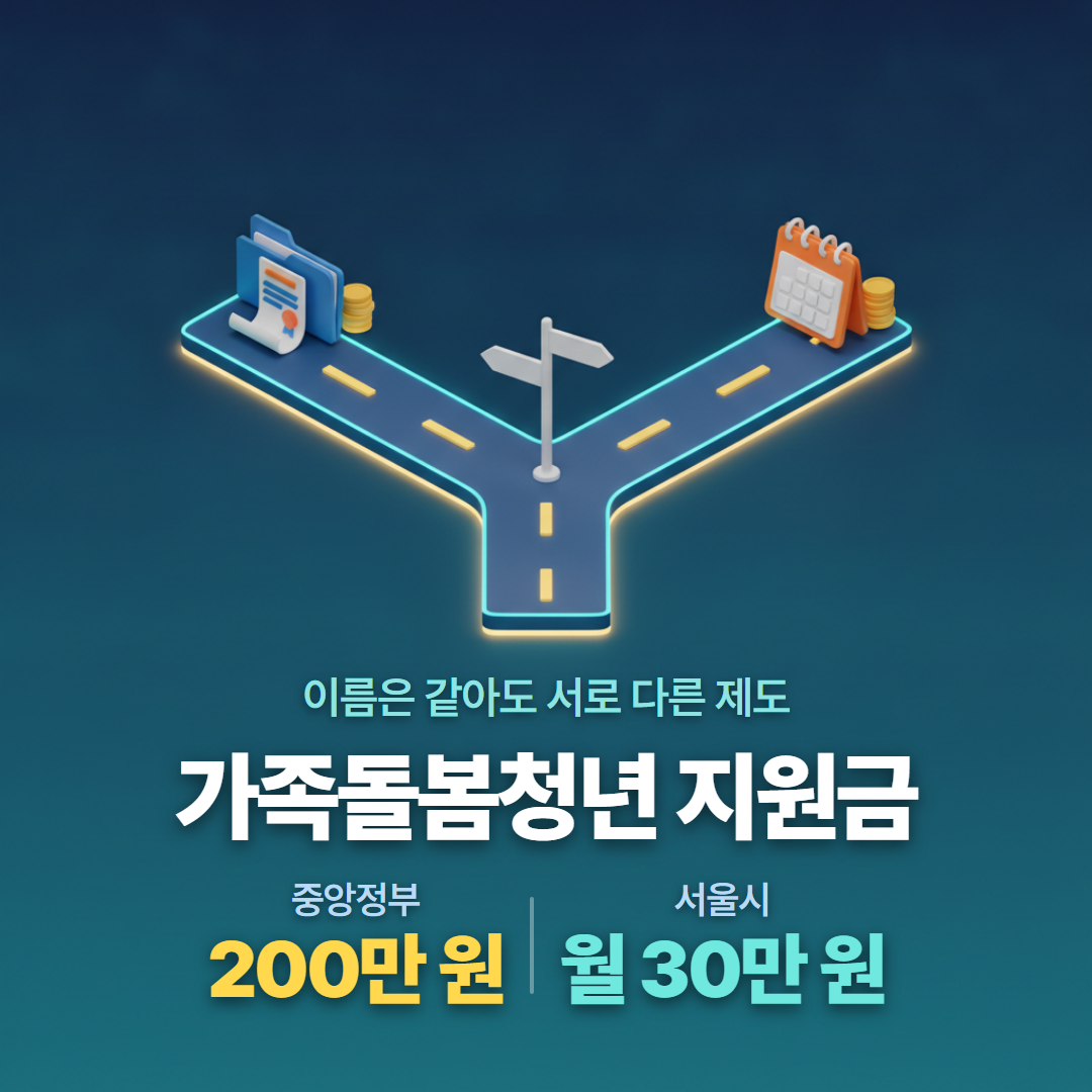 가족돌봄청년 지원금이 중앙정부 200만 원과 서울시 월 30만 원 두 갈래로 나뉘는 것을 갈림길로 나타낸 이미지