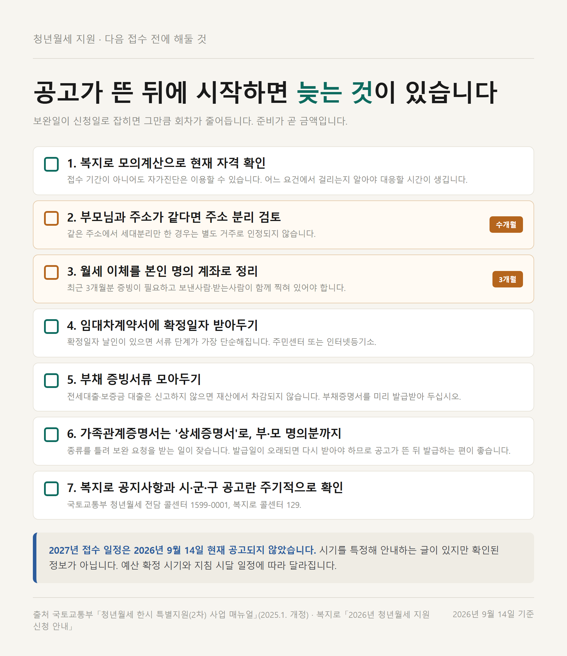 다음 접수를 대비해 미리 해둘 7가지 체크리스트 — 주소 분리는 수개월, 월세 이체 정리는 3개월이 걸린다고 표시돼 있다
