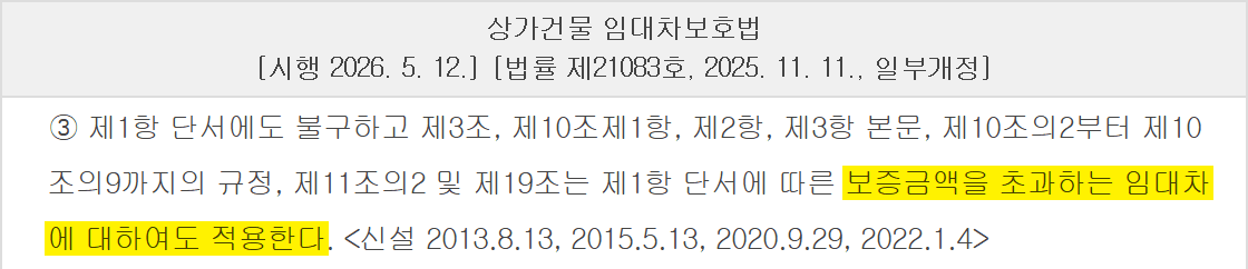 상가 임대차 계약해지에서 환산보증금을 넘어도 적용되는 조문을 정한 상가건물 임대차보호법 제2조 제3항
