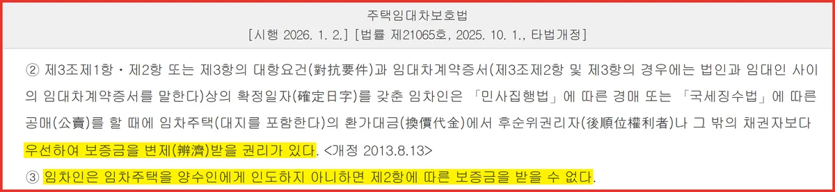 확정일자 전세권 차이를 정한 주택임대차보호법 제3조의2 제2항과 제3항 조문
