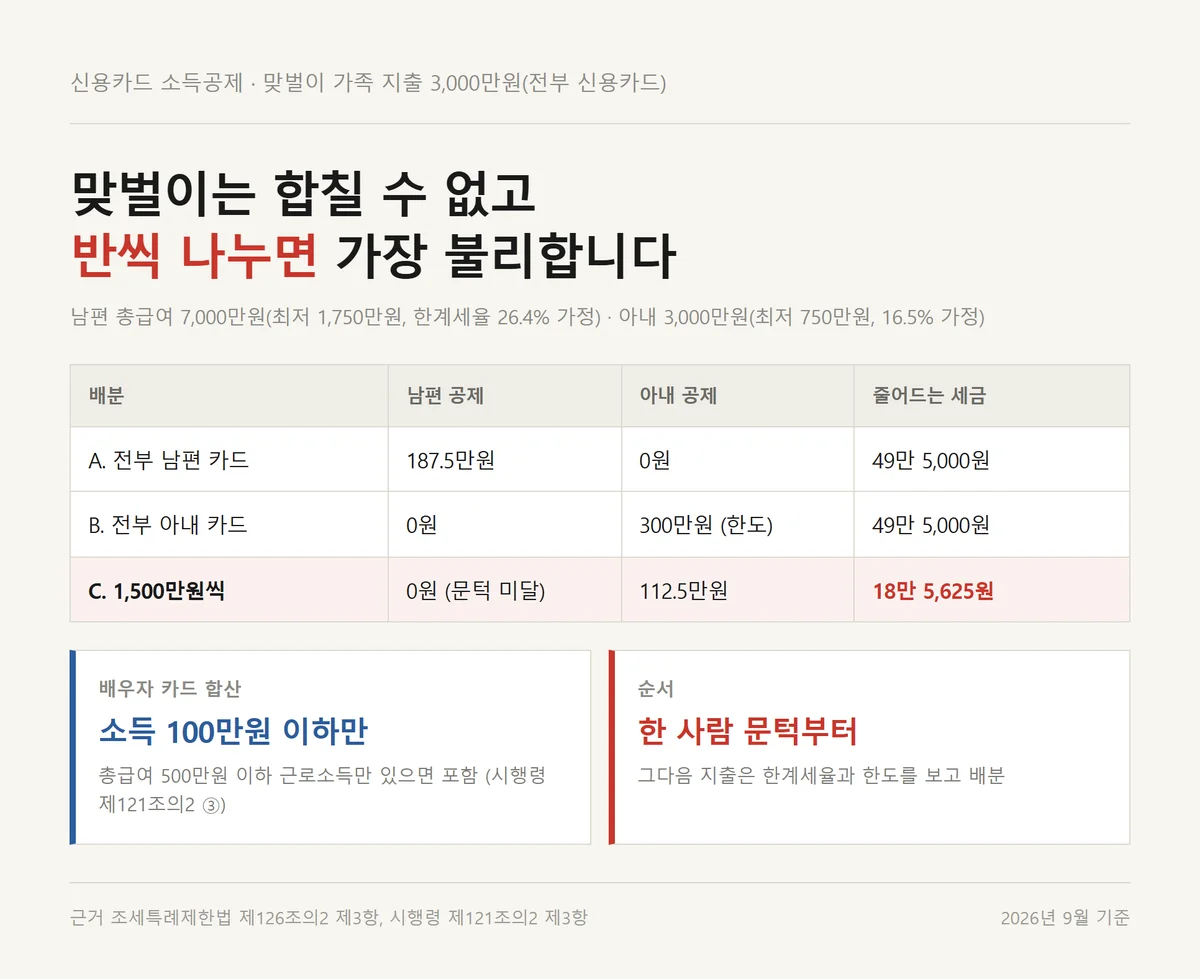 신용카드 소득공제 맞벌이 부부 지출을 한쪽에 모을 때와 반씩 나눌 때 세금을 비교한 표