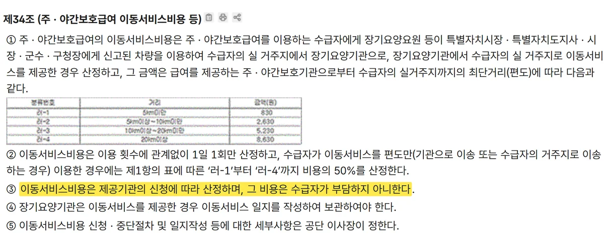 주야간보호센터 이용료에 차량 송영비가 붙지 않는다고 정한 고시 제34조 조문