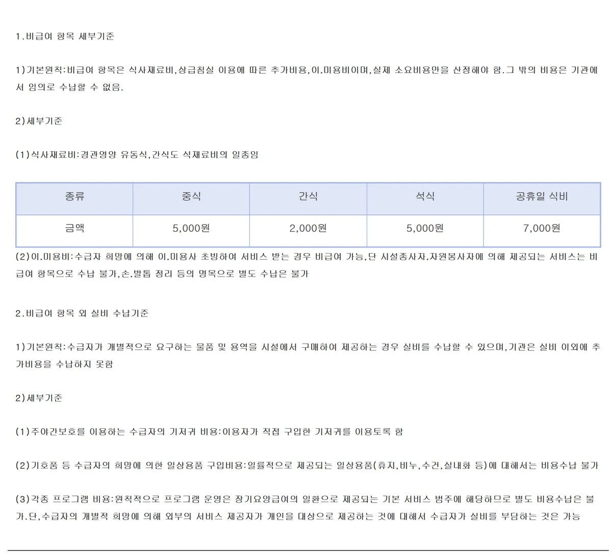 주야간보호센터 이용료와 별도로 내는 식사재료비를 공시한 데이케어센터 안내문
