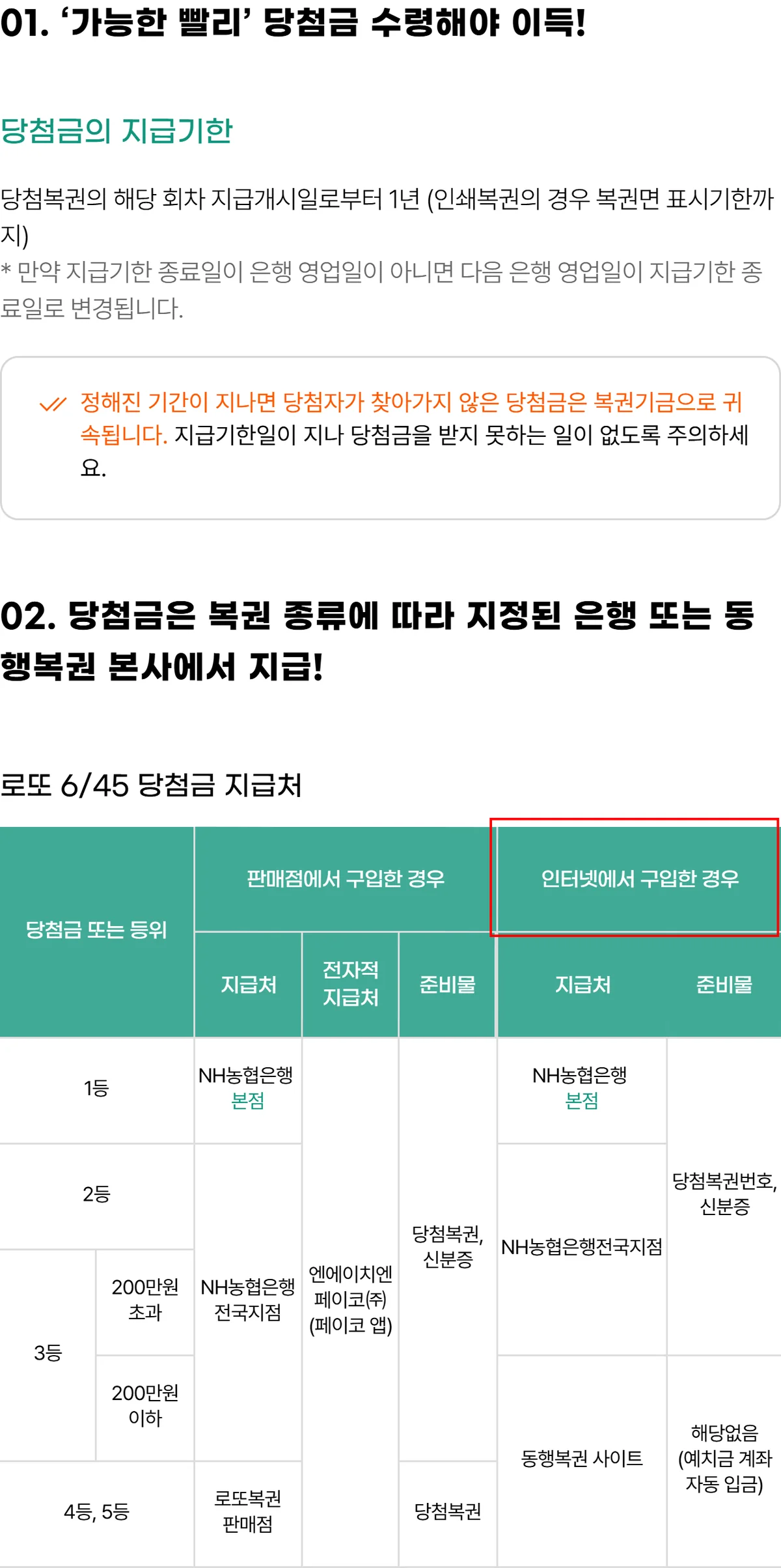 동행복권홈페이지 당첨자 가이드의 로또 등수별 당첨금 지급처 공식 표 화면