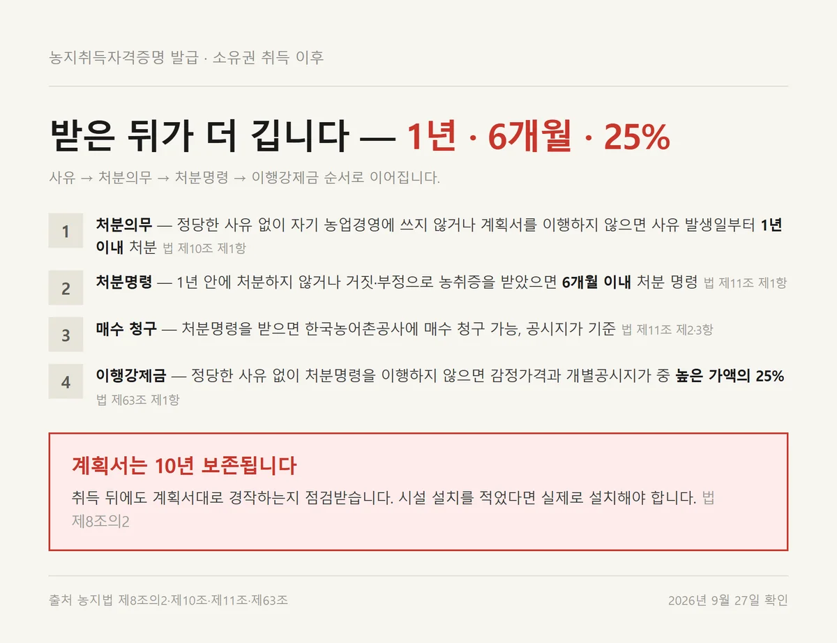 농지취득자격증명 발급 뒤 처분의무 1년과 처분명령 6개월과 이행강제금 25퍼센트로 이어지는 단계 도해