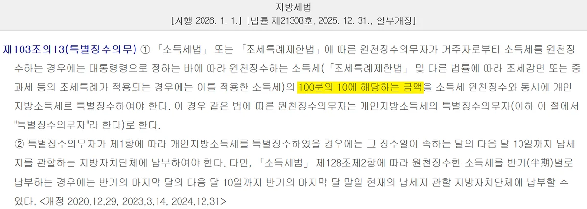 금융소득종합과세 계산에 더해지는 지방소득세 특별징수 10%를 정한 지방세법 조문