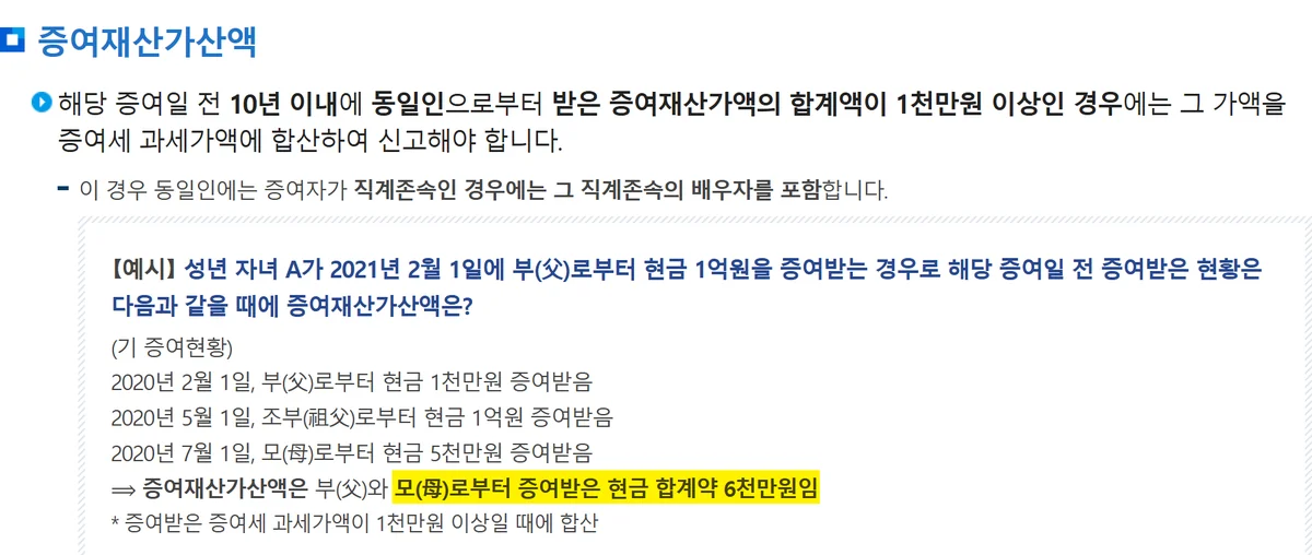 증여재산공제 10년 축에서 부모와 조부의 합산 여부가 갈리는 국세청 예시