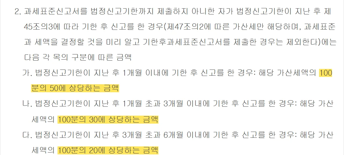 증여세 기한후신고 시점별 무신고가산세 감면 50% 30% 20%를 정한 국세기본법 제48조 제2항