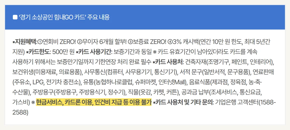 힘내GO카드 사용처 10개 업종과 현금서비스·카드론·인건비 지급 불가 안내