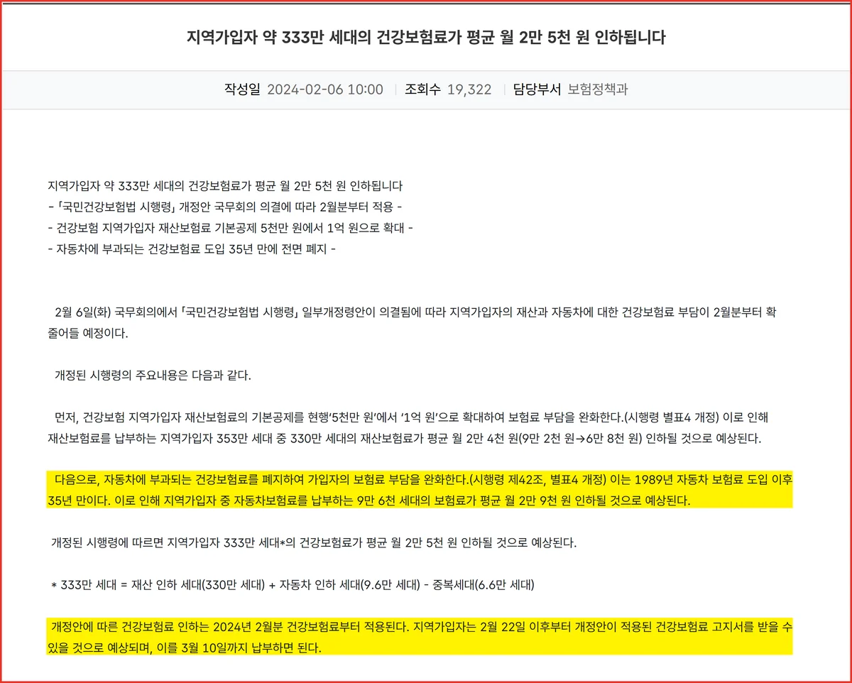 2024년 2월분부터 지역가입자 건강보험료 자동차 부과가 폐지된 복지부 보도자료 화면