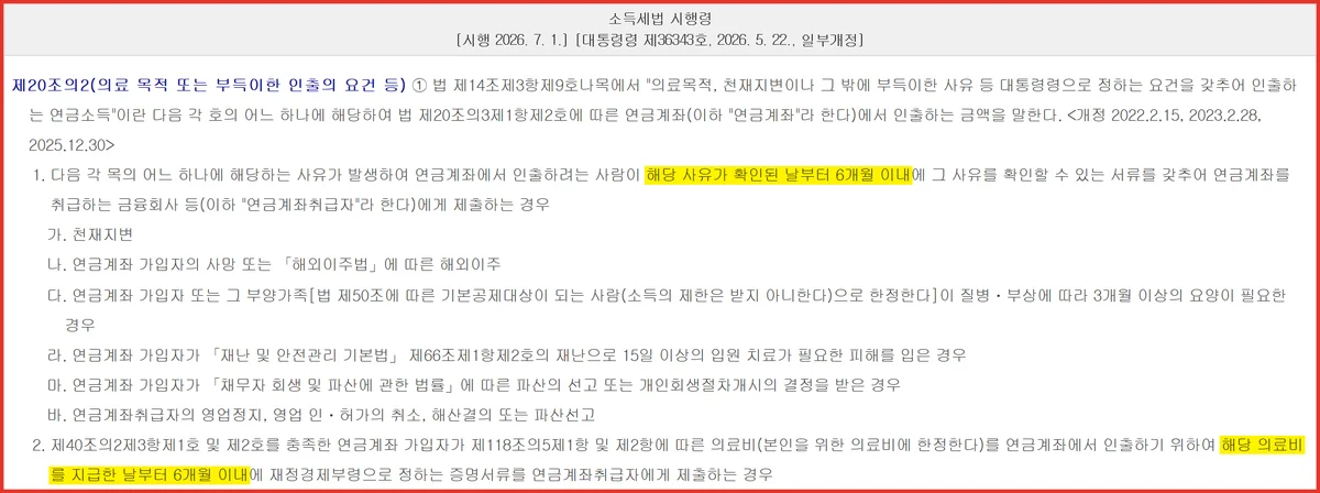 IRP 계좌 해지 대신 부득이한 사유로 인출할 때 적용되는 6개월 신청 기한 조문