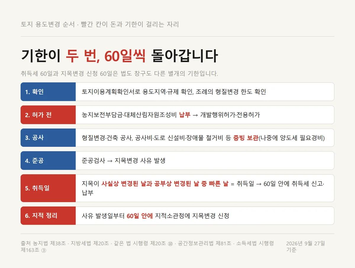 토지 용도변경 순서에서 부담금 납부 준공 취득세 60일 지목변경 신청 60일 기한을 정리한 자료카드