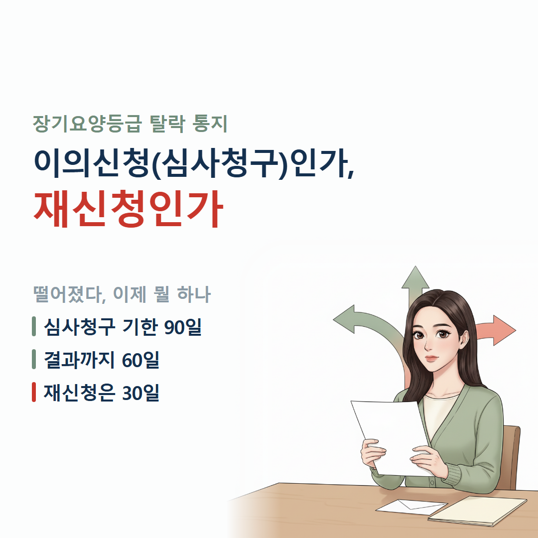 장기요양등급 탈락 이의신청과 재신청 중 무엇을 골라야 하는지 보여주는 대표 이미지