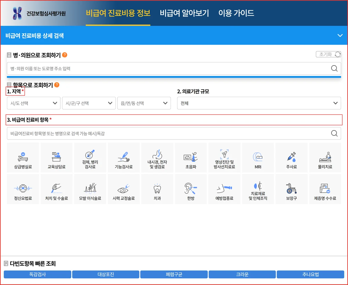 진료비 확인 요청에 앞서 비급여 항목 가격을 지역과 항목으로 조회하는 심사평가원 화면
