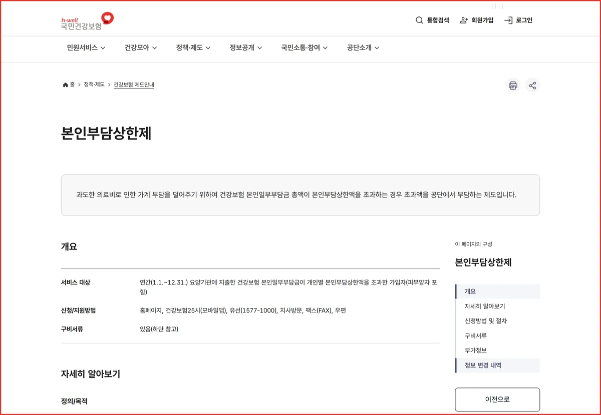 본인부담상한액 초과금 신청 방법을 안내하는 국민건강보험공단 제도안내 화면
