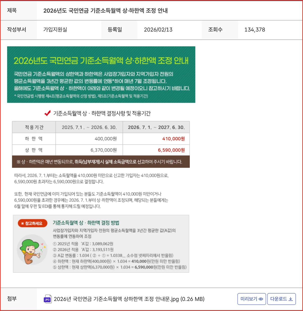 국민연금공단이 공지한 2026년 기준소득월액 상한액 조정 안내 공지 화면