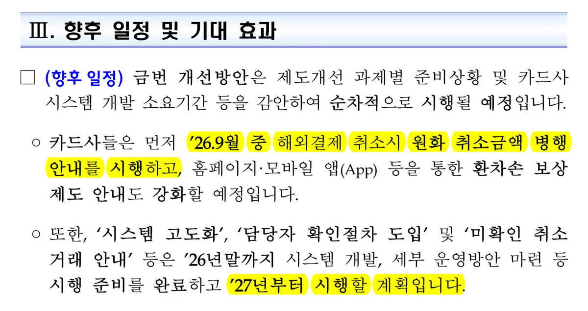해외결제 취소 환차손 보상 강화 일정, 2026년 9월 원화 안내와 2027년 자동보상 확대