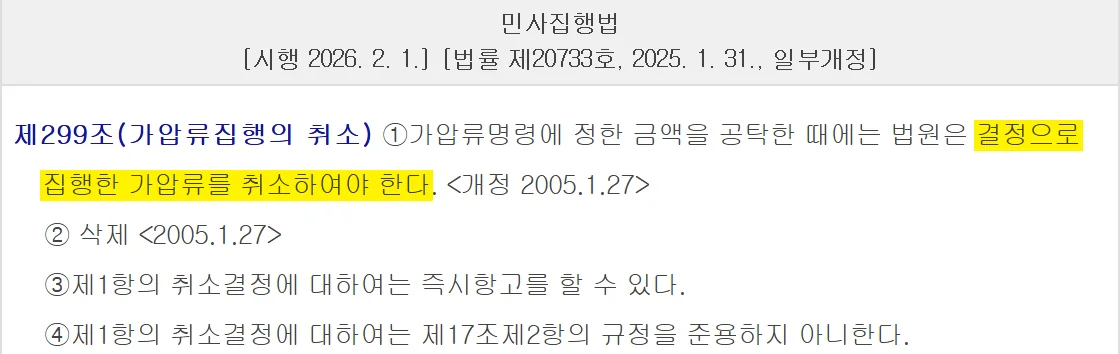 부동산 가압류 해제에서 해방금액을 공탁하면 법원이 취소해야 한다는 제299조