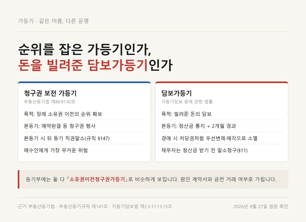 가등기 두 종류인 청구권 보전 가등기와 담보가등기의 본등기 조건과 경매 결과 비교