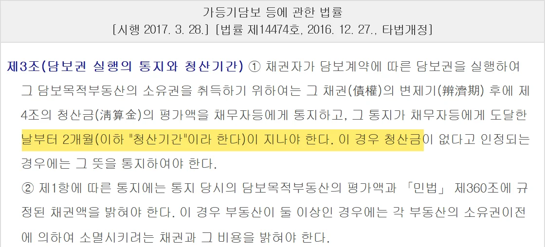 담보가등기 실행 때 청산금 통지 후 2개월 청산기간을 정한 가등기담보법 제3조