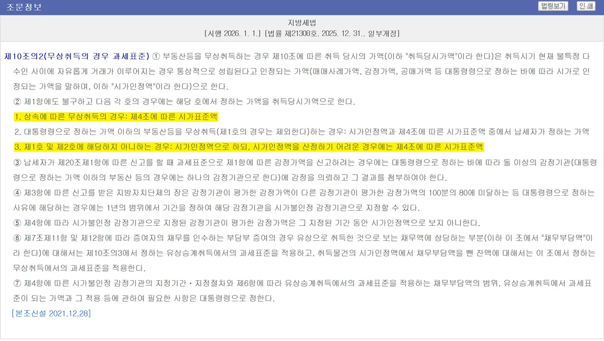 부동산 증여 취득세 과세표준을 시가인정액으로 정한 지방세법 제10조의2 조문
