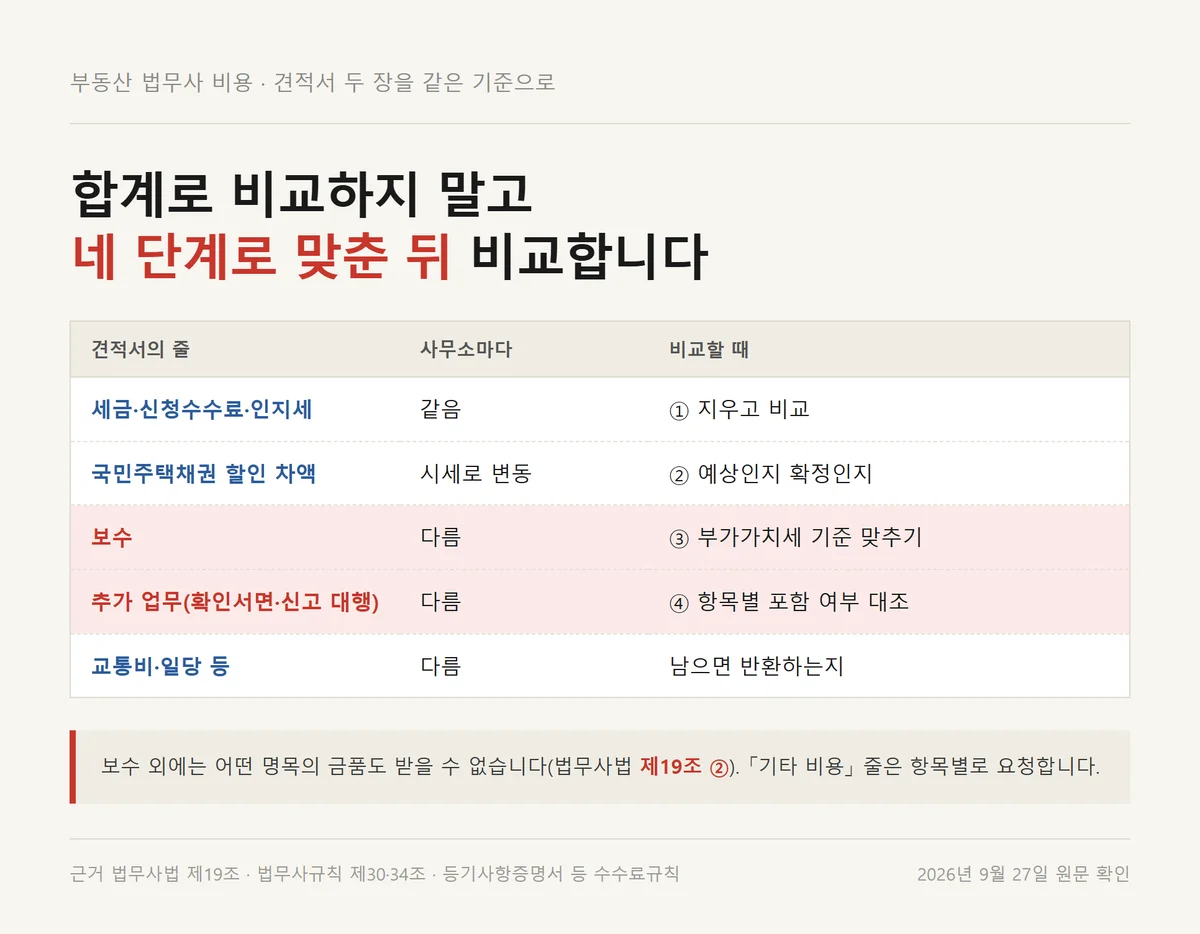 부동산 법무사 비용 견적서 두 장을 실비·채권·보수·추가 업무로 나눠 맞추는 비교표