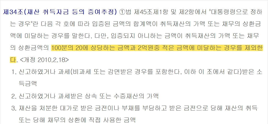 부동산 거래신고 소명 뒤 입증 못한 취득자금의 증여추정 기준선을 정한 상증법 시행령 제34조