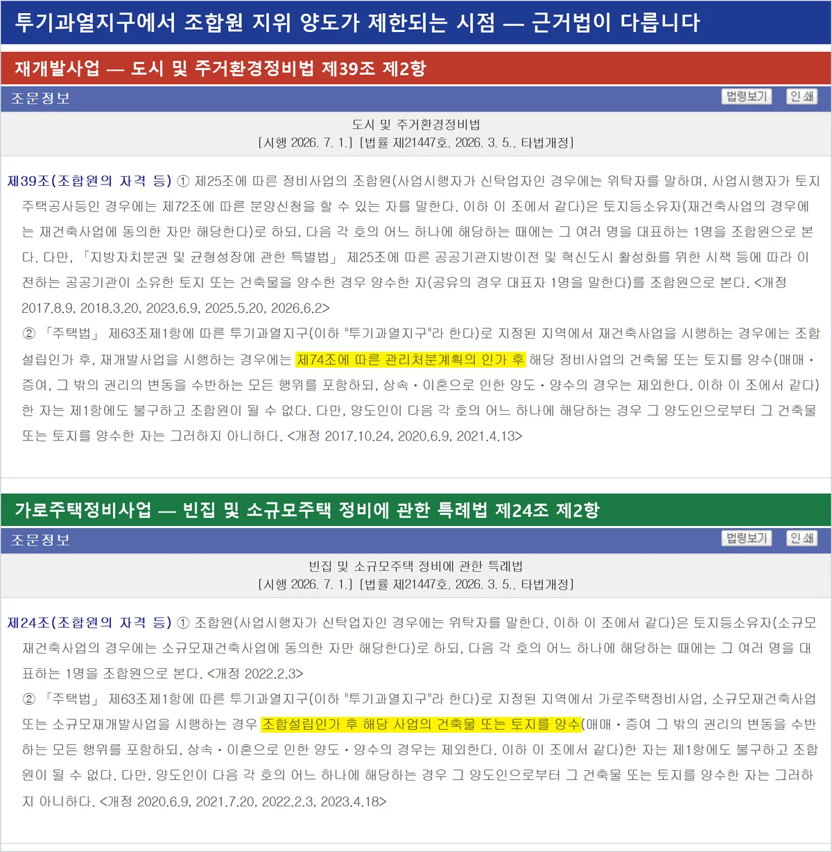 재개발 조합원 자격 양도 제한 시점이 가로주택정비사업과 다른 두 법 조문 비교