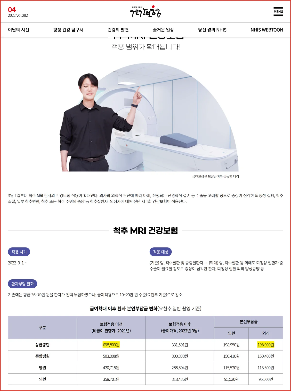 5세대 실손 MRI 계산의 출발점인 척추 MRI 급여 적용 전후 기관별 금액표