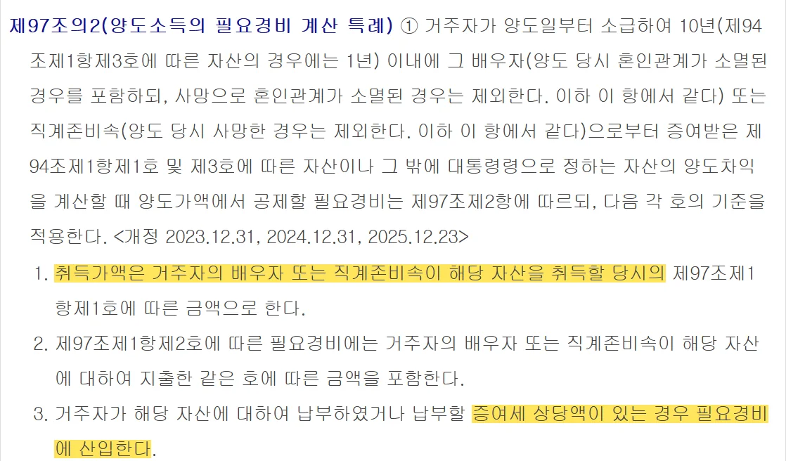배우자 증여 부동산의 취득가액과 증여세 필요경비를 정한 소득세법 제97조의2 제1항 각 호
