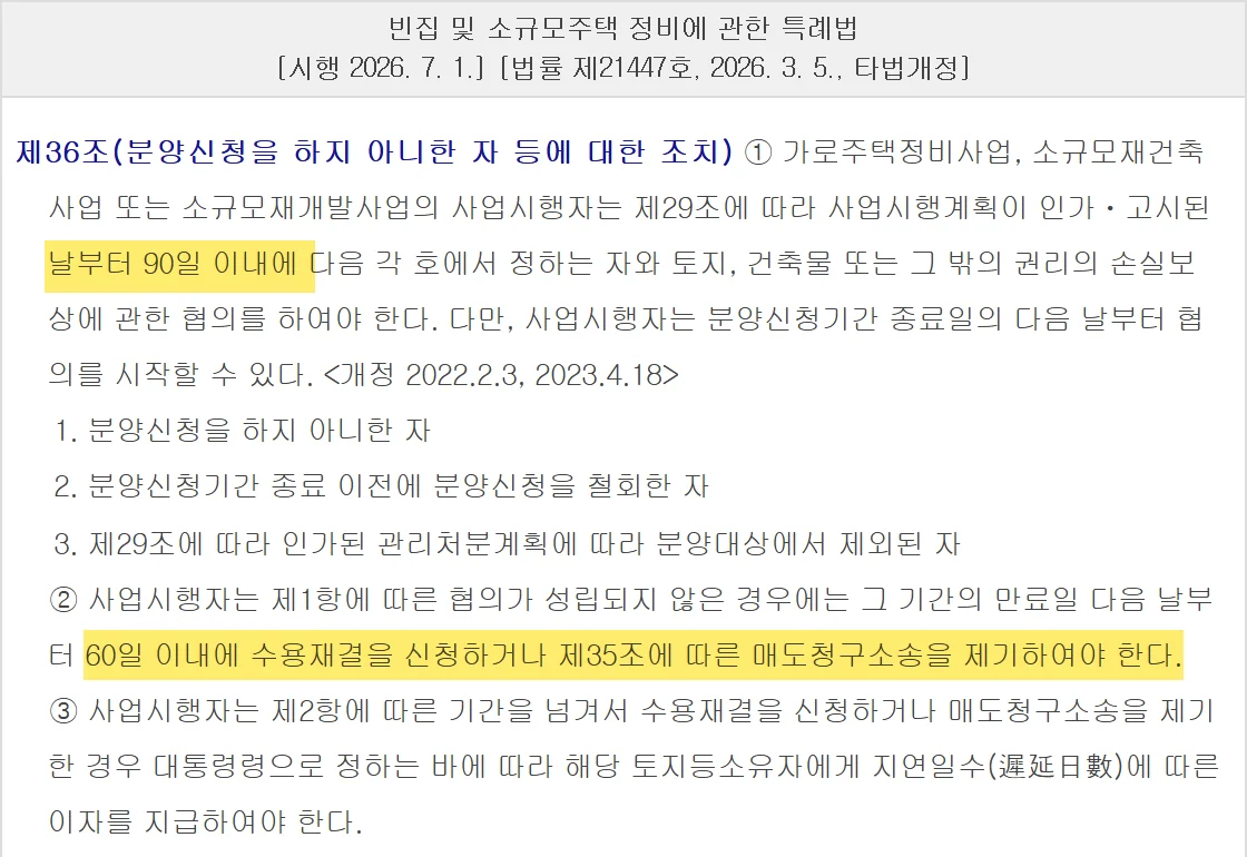 가로주택정비사업 분양신청을 안 한 사람과 90일 안에 보상 협의를 한다는 특례법 제36조