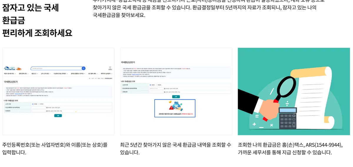 미납세금 환급금 조회에서 국세 미수령환급금을 확인하는 국세청 안내 화면과 신청 방법