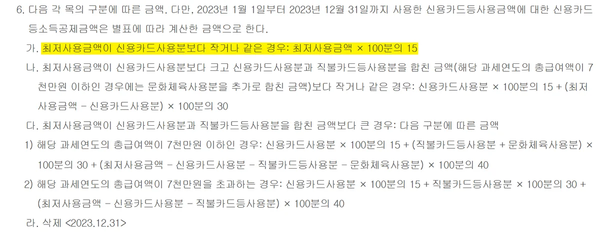 연말정산 모의계산에서 25% 문턱을 신용카드 사용분부터 빼도록 정한 조문 화면