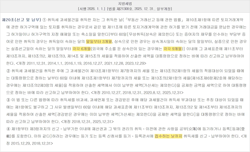 취득세 카드납부 기한을 정한 지방세법 제20조 신고 및 납부 조문 원문 화면