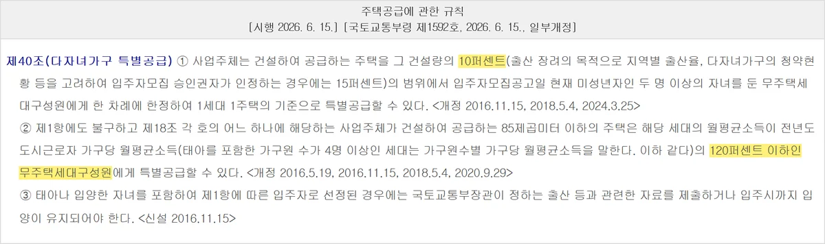 아파트 청약 특별공급 중 다자녀가구 물량 10퍼센트와 소득 120퍼센트 기준 조문