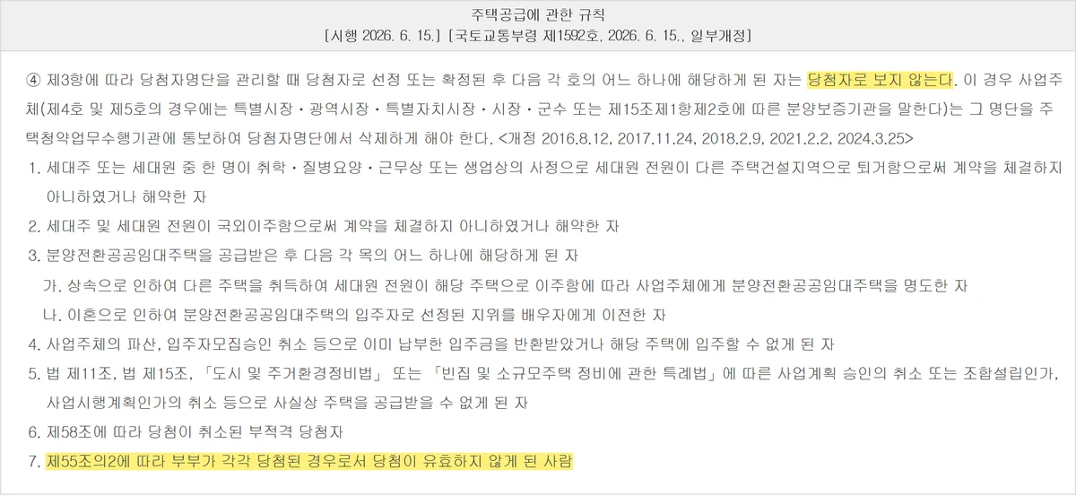 아파트 청약 특별공급에서 당첨자로 보지 않는 일곱 가지 사유를 정한 제57조 제4항