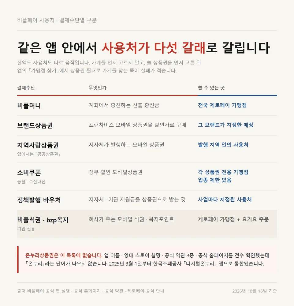 비플페이 사용처가 비플머니 브랜드상품권 등 다섯 갈래로 갈리는 구조 비교표