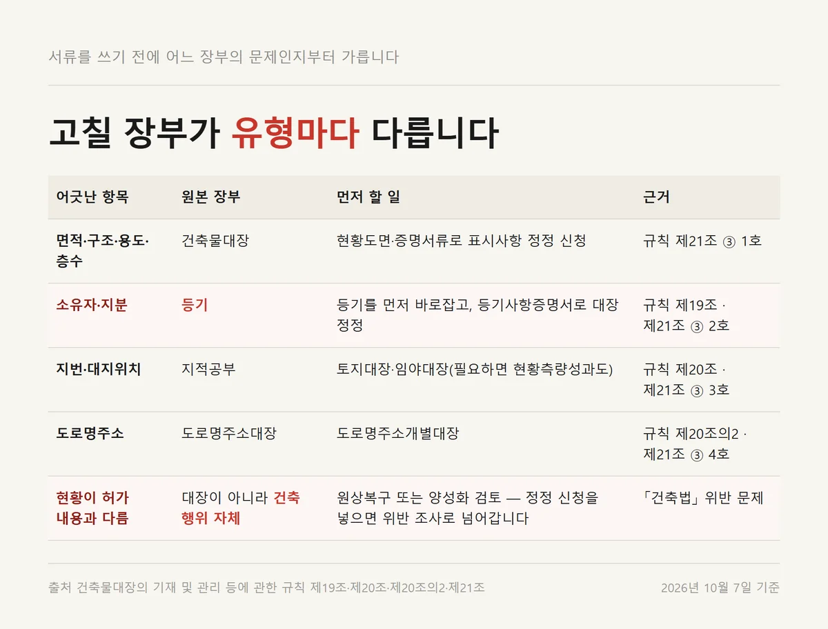 건축물대장 정정 전에 어느 장부를 고칠지 유형별로 가른 불일치 판정표 다섯 갈래