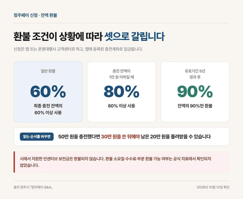 청주페이 신청 잔액 환불 조건이 60% 80% 90% 세 갈래로 갈리는 비교 카드