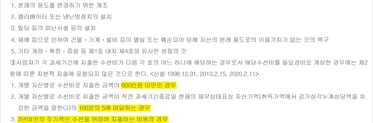 상가 양도세 필요경비 판정선인 600만원 5퍼센트 3년을 담은 소득세법 시행령 제67조 조문