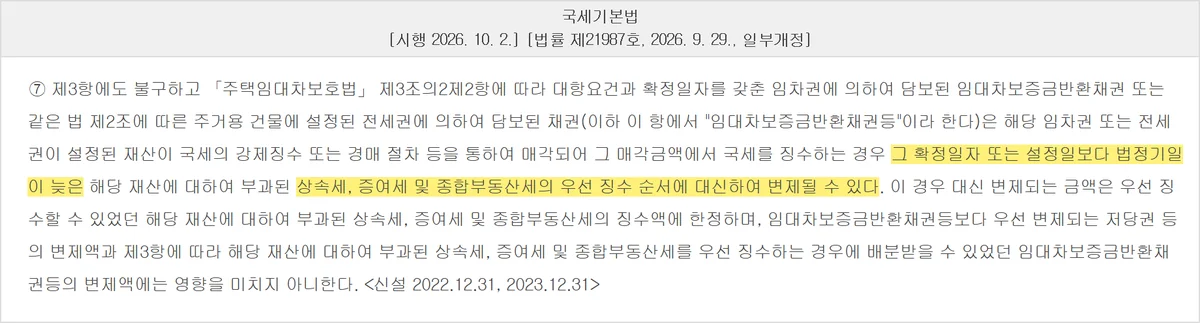 확정일자 대항력을 갖춘 임차권이 세금보다 앞서는 국세기본법 제35조 제7항
