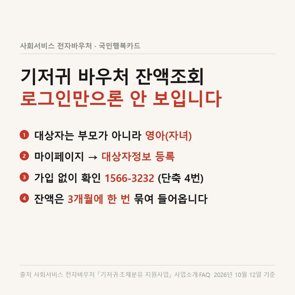 기저귀 바우처 잔액조회에 대상자 등록이 필요한 이유를 요약한 안내 자료카드