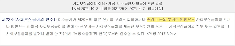 기저귀 바우처 사용방법 되팔면 환수되는 근거인 사회보장급여법 제22조 원문