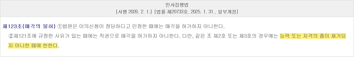 농취증 발급 거부 때 자격의 흠이 남으면 매각을 불허한다는 민사집행법 제123조