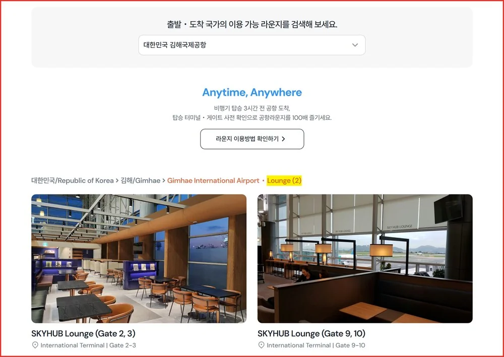 더라운지 공항 조회에서 김해공항 라운지 카드 대상이 스카이허브 2곳만 나온 화면