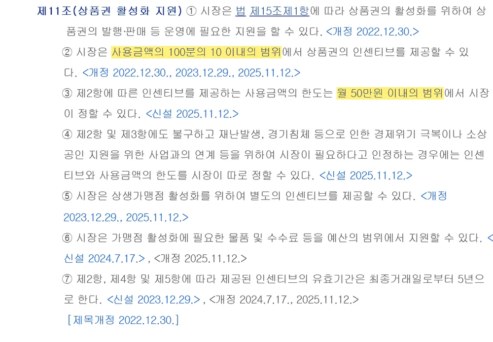 인천이음카드 캐시백 요율과 한도를 정한 인천사랑상품권 조례 제11조 조문 화면